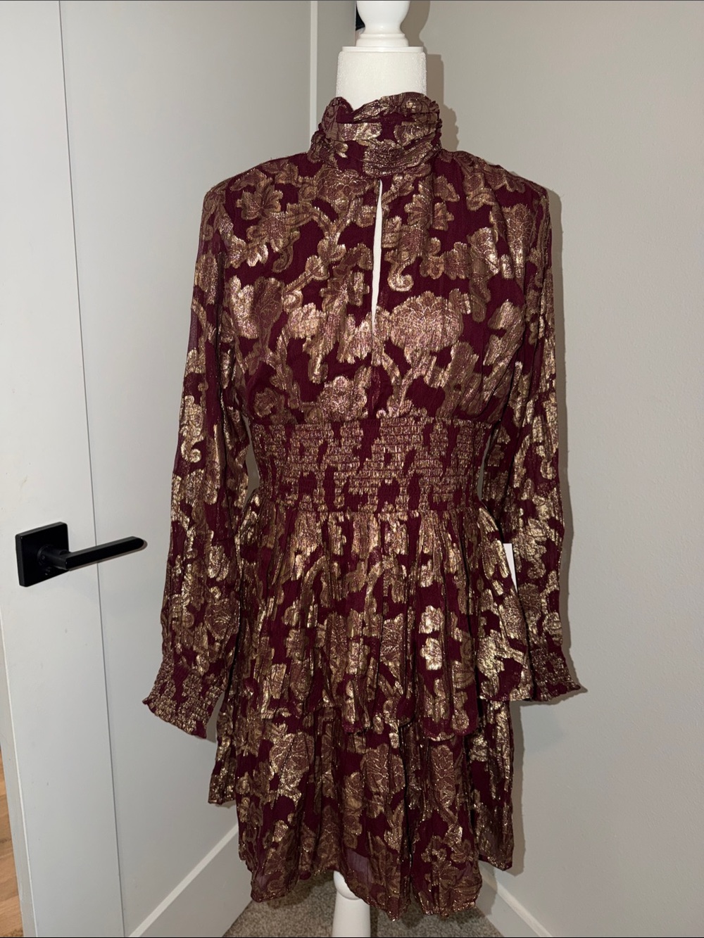 VENUS Burgundy and Gold Metallic Floral High-Neck Blouse - Picture 3 of 5